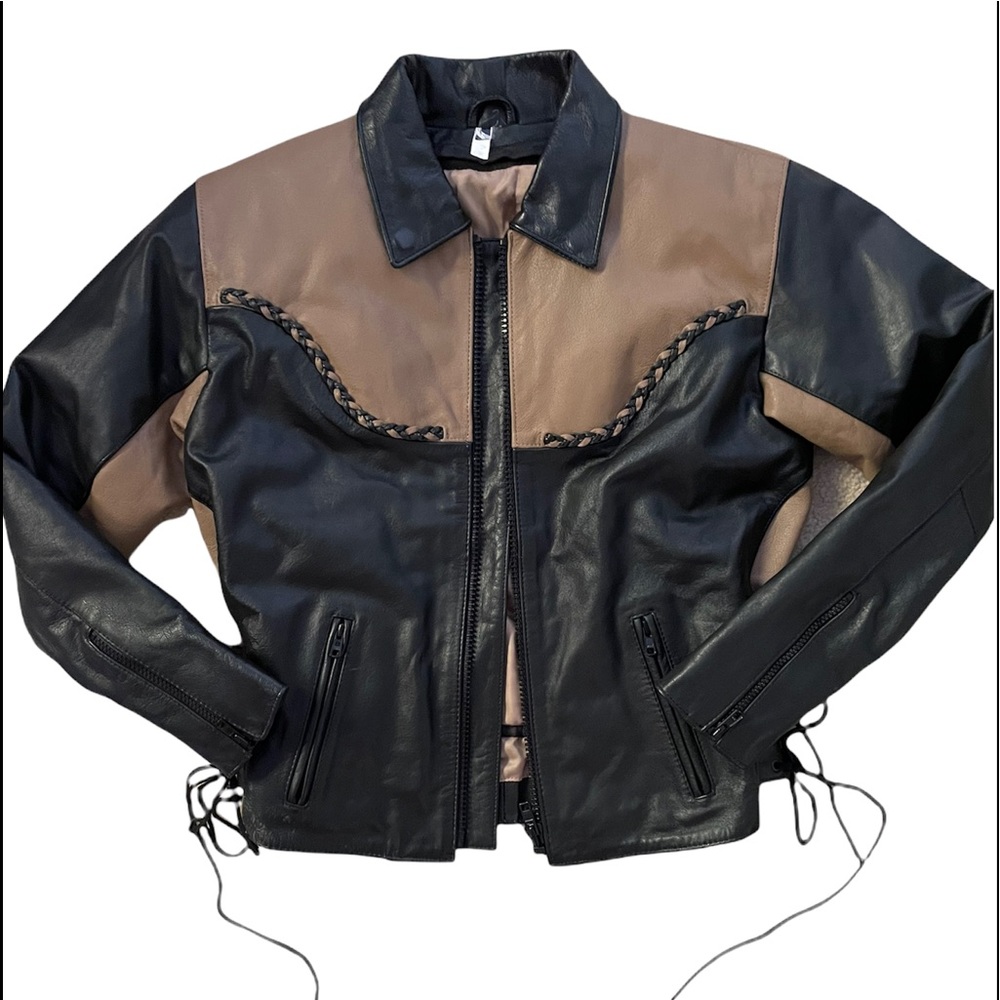 Vintage Genuine Leather Black & Tan Lined MOTTO Jacket Braided Detail Accents SM